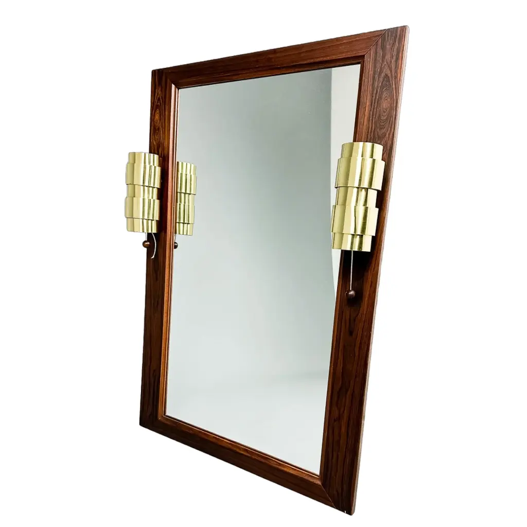 Teak mirror with two brass sconces Aristokrat AB Nybrofabriken